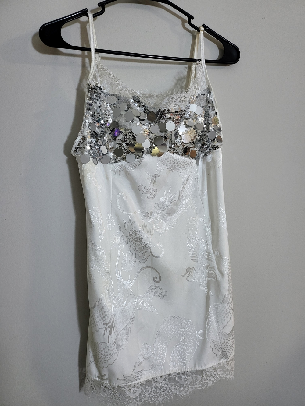 White Sequin Slip Dress with Lace Trim